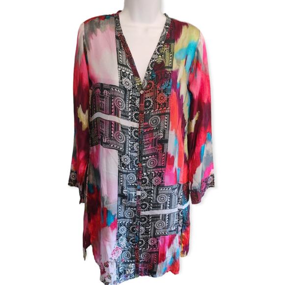 Johnny Was Multicolored Buttoned Silk Tunic size XS Oversized Patchwork Design - Picture 1 of 10